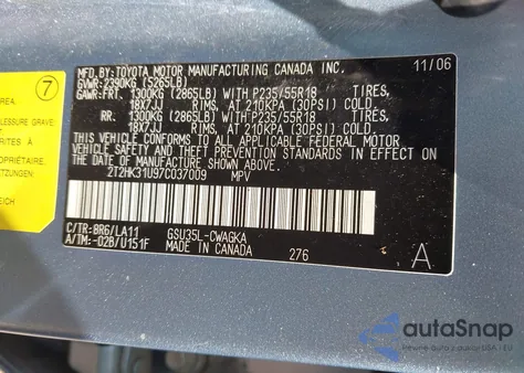 2007 Lexus Rx 350 z USA, uszkodzony, nr VIN 2T2HK31U97C037009